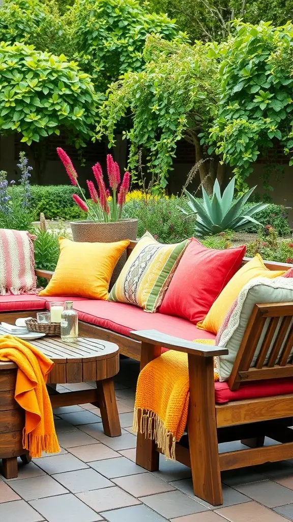 17 Inspiring Mexican Patio Ideas for Your Outdoor Space 9 A cozy patio with rustic wooden furniture, bright pillows, and surrounding greenery.