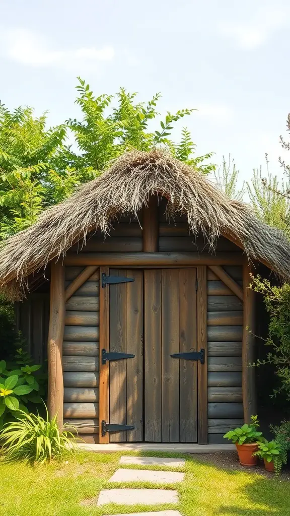 23 Inspiring Garden House Ideas for Your Outdoor Oasis 9 A rustic wooden garden shed with a thatched roof, surrounded by greenery and a stone path.
