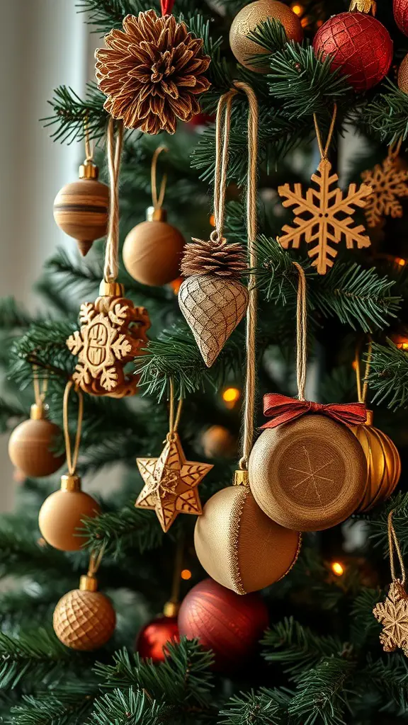 21+ Creative Christmas Decoration Ideas for a Festive Home 2 A Christmas tree adorned with rustic wooden ornaments including stars, snowflakes, and pinecones.