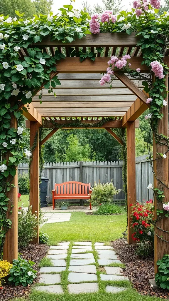 17 Inspiring Backyard Decorating Ideas to Transform Your Outdoor Space 17 A rustic wooden pergola covered with flowers, leading to a cozy bench in a backyard garden.