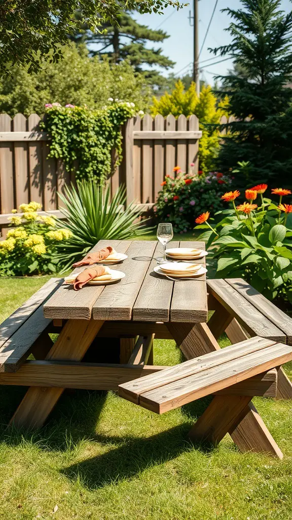 23 Stylish Outdoor Furniture Ideas for Your Dream Patio 10 A rustic wooden picnic table set in a garden with plates and napkins on it, surrounded by flowers and greenery.