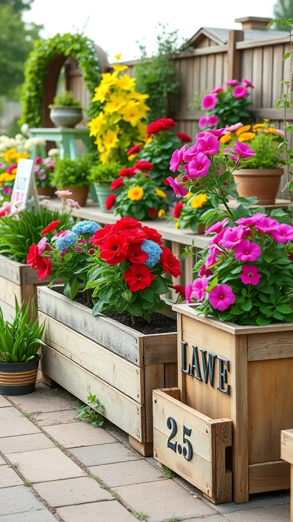 17 Charming Vintage Garden Decor Ideas to Enhance Your Outdoor Space 5 Colorful flowers in rustic wooden planters in a garden setting