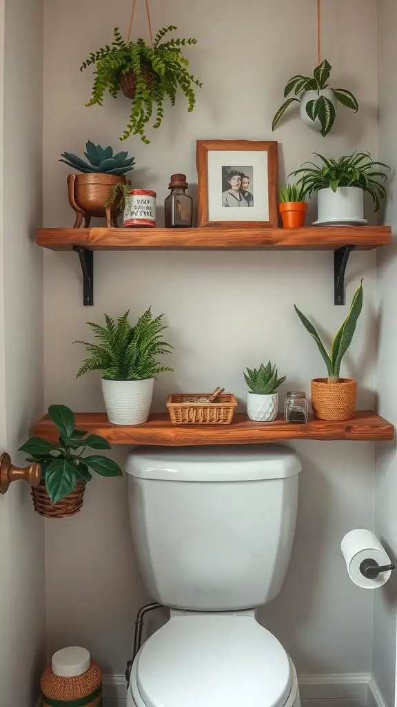 23+Chic Back of Toilet Decor Ideas to Transform Your Bathroom 5 Rustic wooden shelves above a toilet with plants and decorative items.