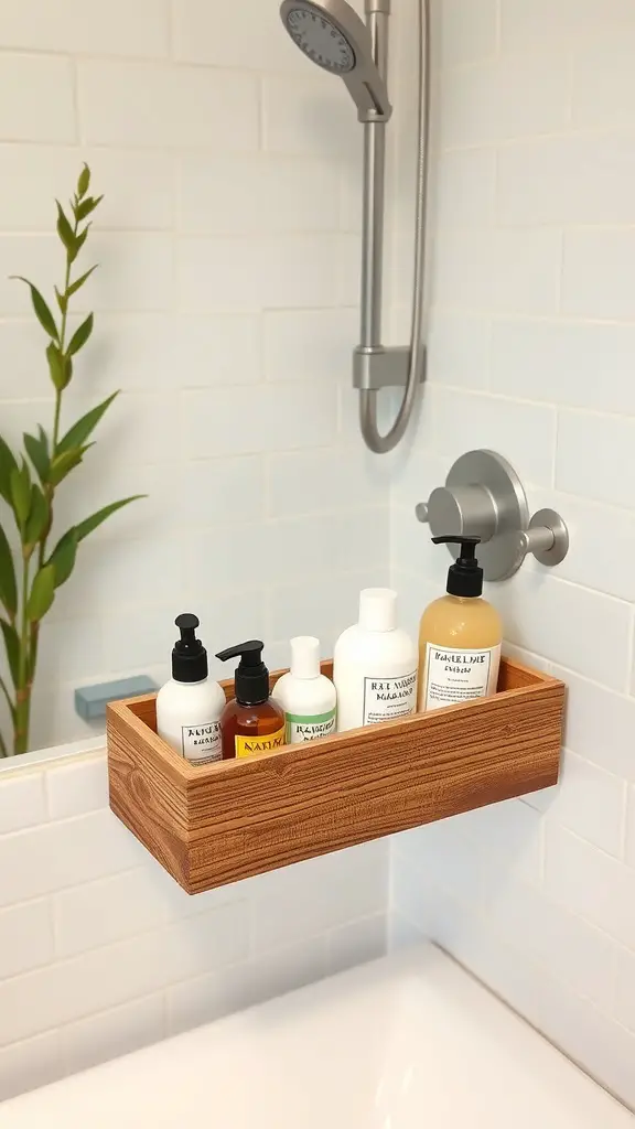 19+Stylish and Functional Shower Caddy Ideas to Organize Your Space 9 A rustic wooden shower caddy holding various bottles mounted on a bathroom wall.