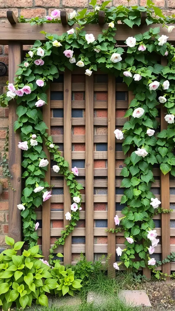 19 Creative Garden Wall Ideas to Transform Your Outdoor Space 9 A rustic wooden trellis covered with climbing plants and flowers, enhancing a garden space.