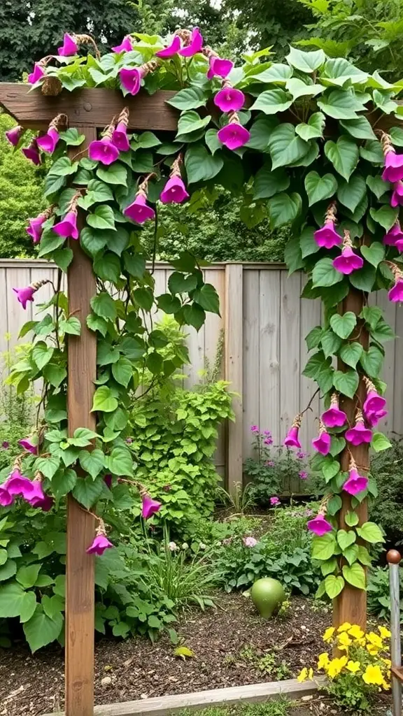 23 Creative Trellis Ideas for Ultimate Privacy in Your Garden 4 A rustic wooden trellis adorned with vibrant climbing vines and pink flowers in a garden setting.