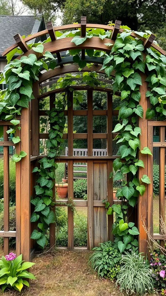 19 Enchanted Garden Ideas to Transform Your Outdoor Space 6 A rustic wooden trellis covered with green vines, leading into a garden with flower pots.
