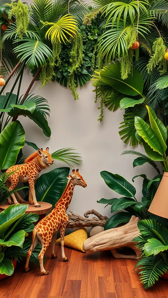 23 Adorable Baby Shower Decorations for Boys 15 Decorative setup featuring giraffe figurines and tropical plants for a baby shower.