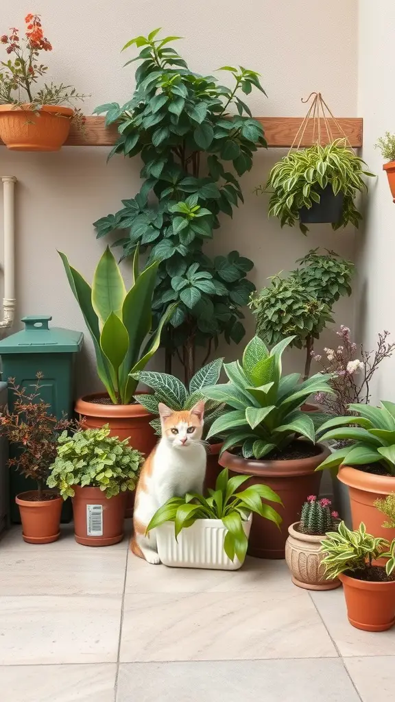 21 Creative Cat Friendly Patio Ideas for the Purrfect Outdoor Space 16 A cozy patio with various potted plants and a curious cat exploring the greenery.