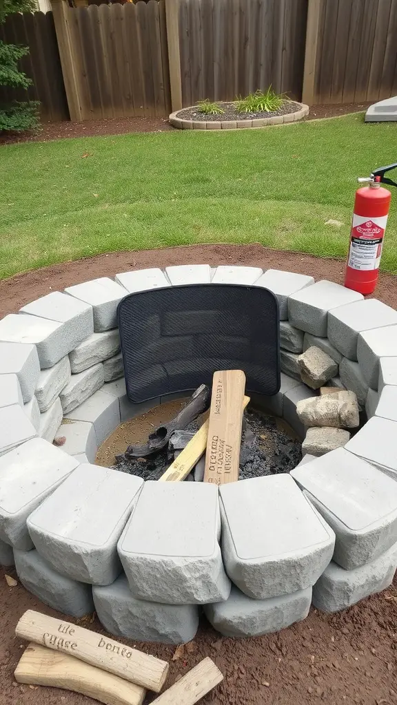 A sunken fire pit made of stone blocks with a mesh screen and a fire extinguisher nearby.
