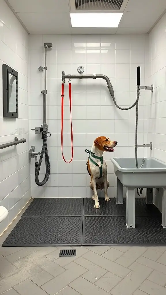 21+ Essential Items for a Perfect Dog Washing Station 5 A dog washing station featuring a dog in a harness, a tub, and shower equipment.