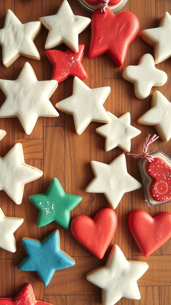 Colorful salt dough ornaments in star and heart shapes on a wooden surface.