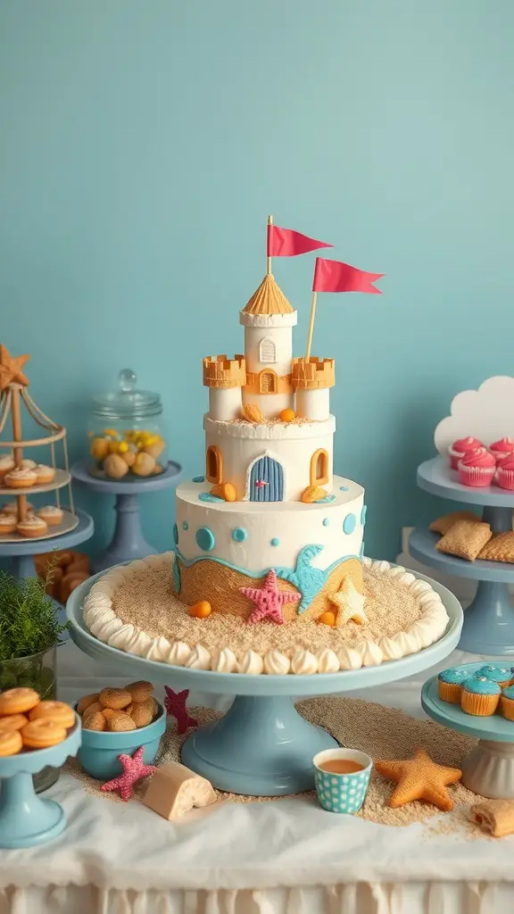 21 Coastal Baby Shower Theme Ideas You’ll Love 16 A beautifully decorated dessert table featuring a sandcastle cake, starfish cookies, and colorful candies for a coastal baby shower.