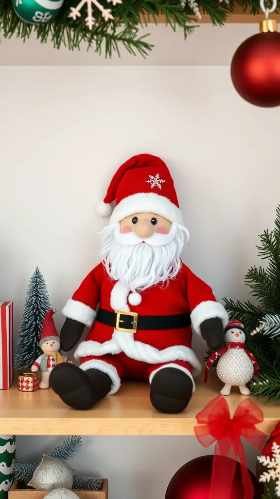 A plush Santa Claus toy sitting on a shelf, surrounded by festive decorations.