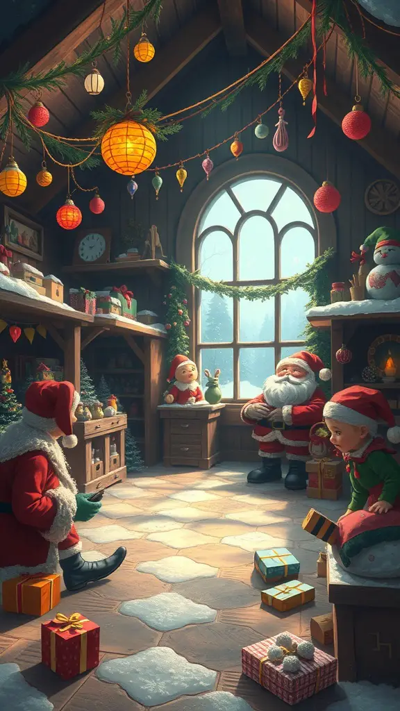 15 Creative Christmas Party Theme Ideas for Your Holiday Celebration 9 A cozy Santa's workshop filled with decorations, gifts, and Santa with elves preparing for Christmas.