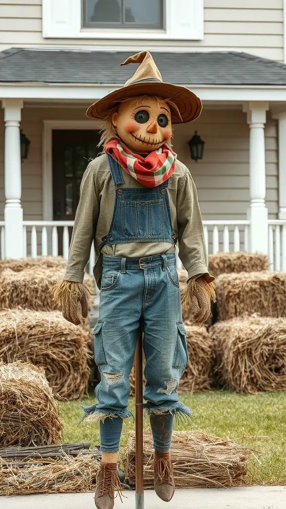 A friendly scarecrow in overalls and a hat stands in a front yard decorated for Halloween, surrounded by hay bales.