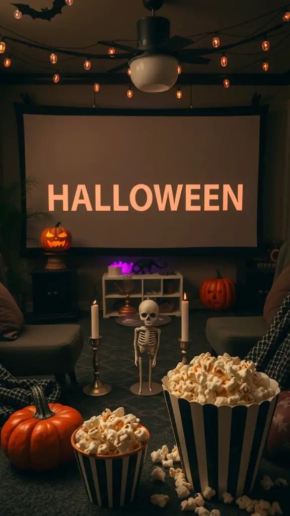 A cozy Halloween movie screening setup with popcorn, pumpkins, and a skeleton.