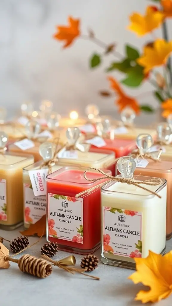 17 Creative Baby Shower Ideas for a September Celebration 12 A collection of autumn-themed scented candles in various colors, beautifully arranged with decorative elements.