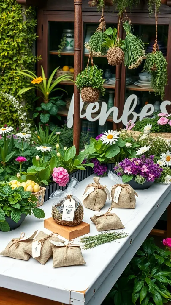 19 Whimsical Garden Party Ideas for Unforgettable Celebrations 31 A garden party station featuring potted herbs and flowers, burlap bags of dried herbs, and hanging plants.