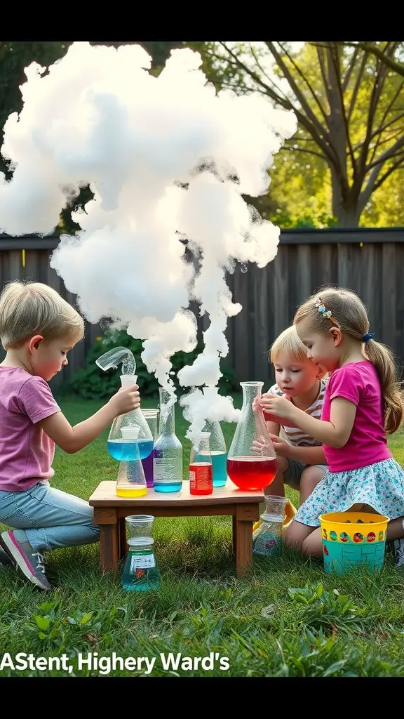 Children conducting a colorful science experiment with bubbling liquids and clouds of vapor.