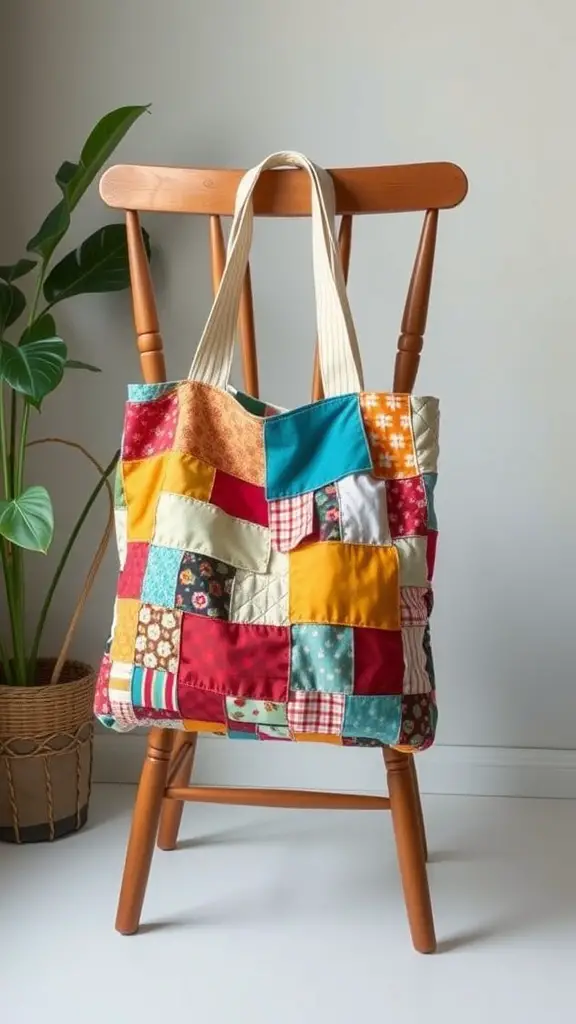 21+ Creative Scrap Fabric Projects You Can Make Today 4 A colorful patchwork tote bag hanging on a wooden chair with a plant in the background.