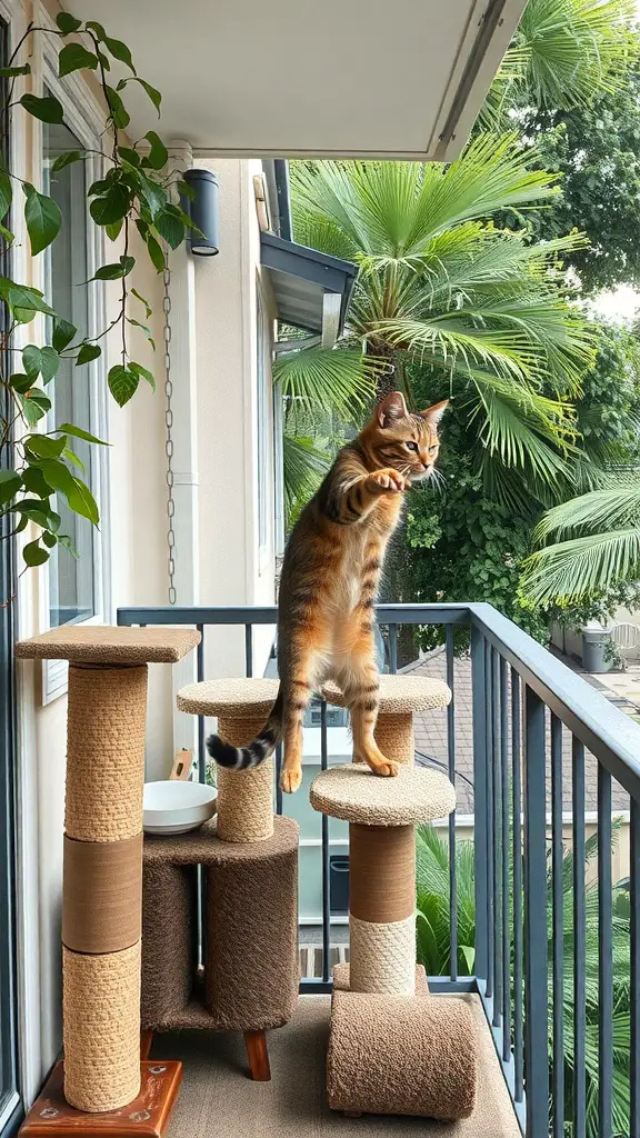 21 Creative Cat Balcony Ideas for a Purr-fect Outdoor Retreat 4 A cat standing on a scratching post on a balcony surrounded by plants.