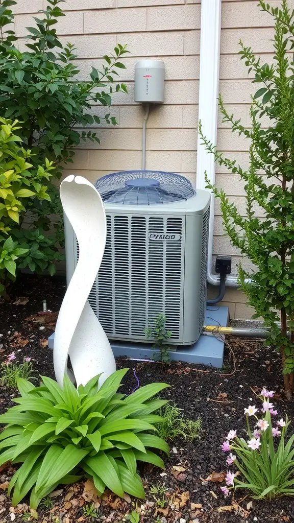 17 Creative Landscaping Ideas to Hide Your AC Unit 16 A white sculptural element next to an air conditioning unit surrounded by green plants and flowers.