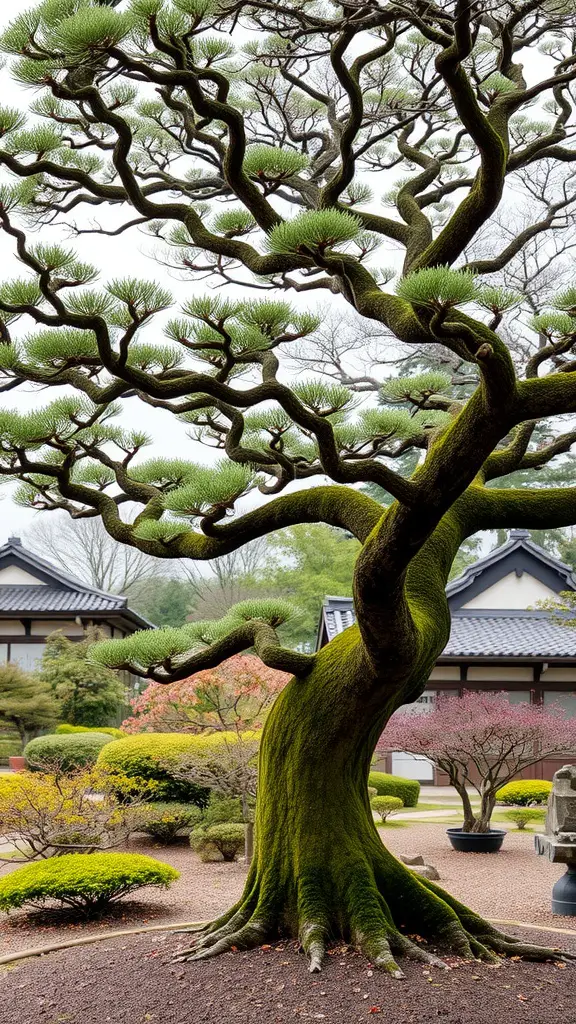 21 Inspiring Japanese Garden Ideas You’ll Love 17 A sculptural pruned tree with lush green needles and dark bark in a Japanese garden.
