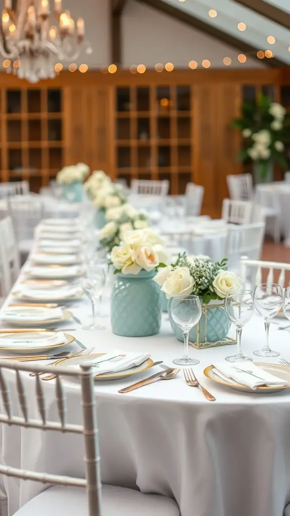 21 Coastal Baby Shower Theme Ideas You’ll Love 15 A beautifully arranged table setting with aqua vases, white roses, and elegant tableware.