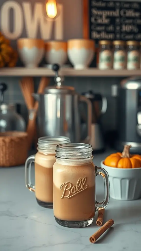 21 Adorable Pumpkin Baby Shower Ideas You’ll Love 14 A cozy beverage bar featuring mason jars with pumpkin spice lattes, cinnamon sticks, and decorative pumpkins.