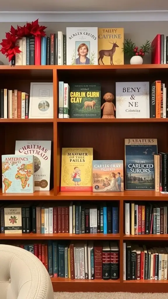 23+ Creative Book Storage Ideas for Every Space 17 A wooden bookshelf displaying a variety of colorful books and seasonal decorations.