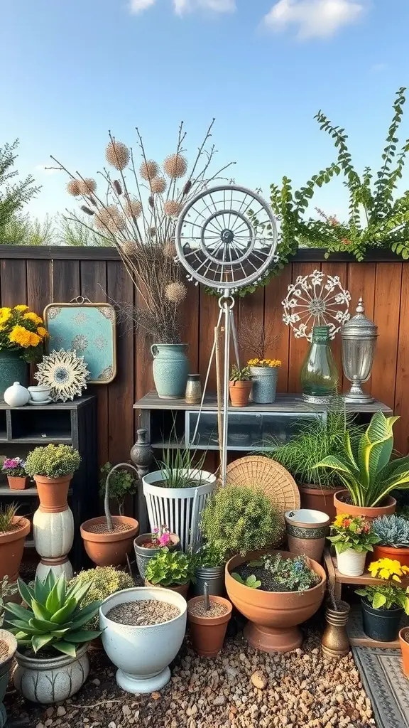 15 Creative Junk Garden Ideas to Transform Your Backyard 11 A vibrant junk garden filled with various pots, plants, and decorative items under a clear blue sky.