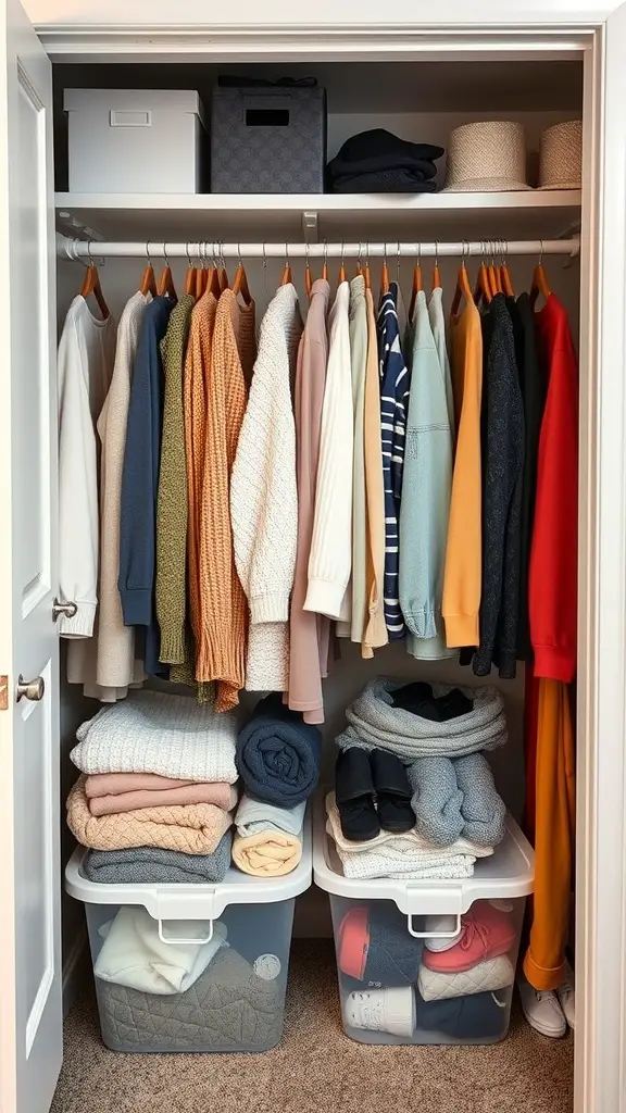 15 Creative Bedroom Storage Ideas for a Clutter-Free Space 17 A well-organized closet with seasonal clothing neatly arranged, showcasing a mix of folded sweaters and hanging tops.