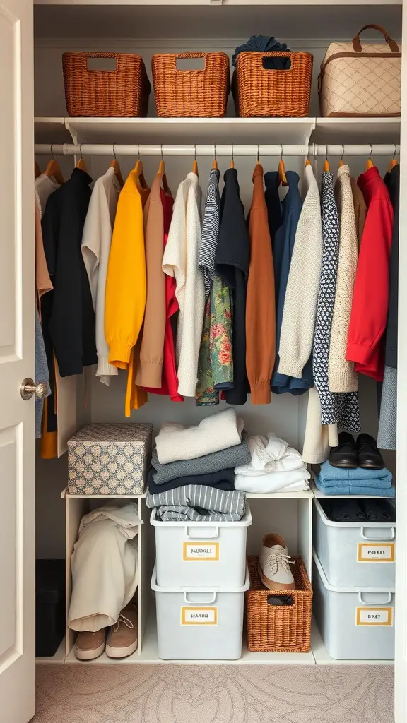 19+ Creative No Closet Solutions for Every Space 14 A well-organized closet with seasonal clothing neatly arranged on hangers and in bins.