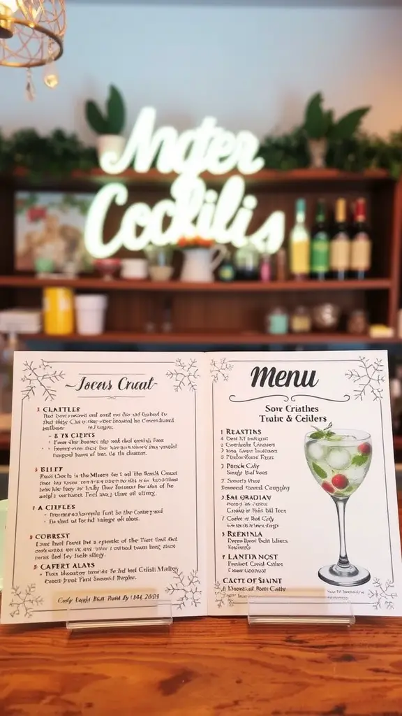 A cocktail menu featuring seasonal drinks for a December wedding.