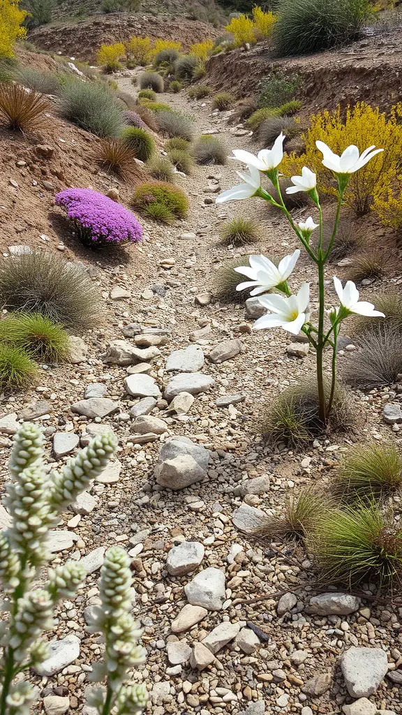 23 Stunning Dry Riverbed Landscaping Ideas to Transform Your Outdoors 11 A dry riverbed with colorful flowers and rocky terrain, showcasing seasonal color changes.