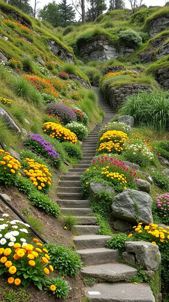 19 Creative Steep Hill Landscaping Ideas to Transform Your Yard 17 A staircase surrounded by colorful flowers on a steep hill
