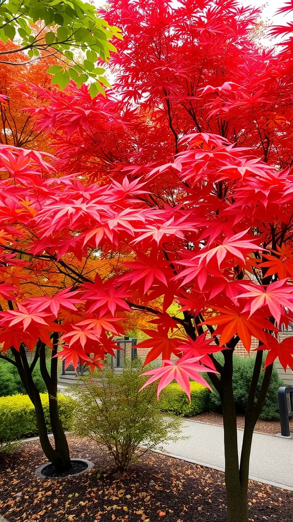 Vibrant red and orange leaves of Japanese maple trees in a garden setting