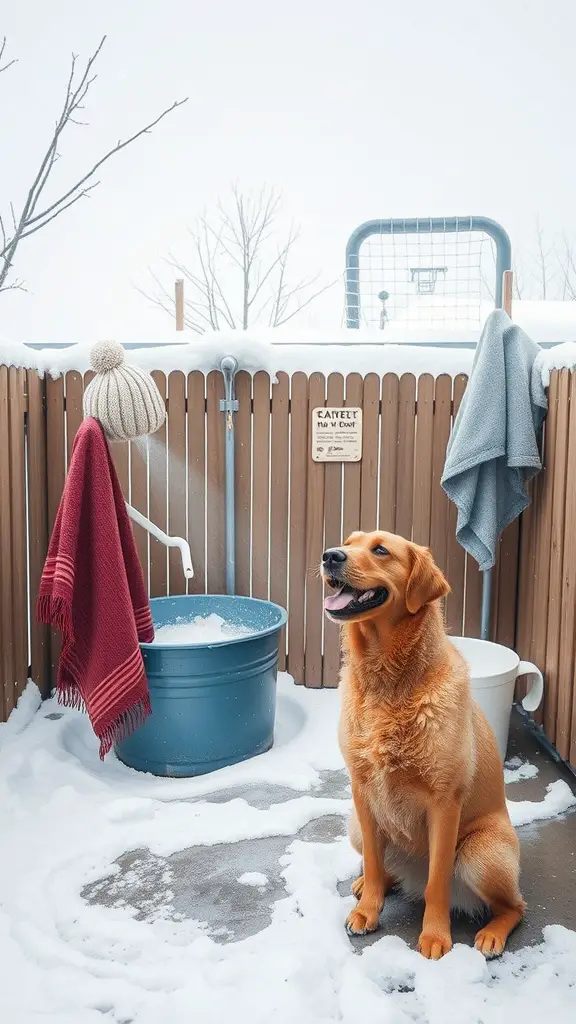 21+ Essential Items for a Perfect Dog Washing Station 16 A dog washing station in winter with a golden retriever, snow around, and cozy towels.