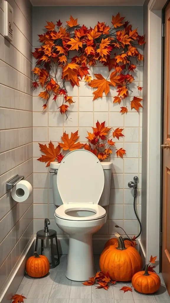 23+Chic Back of Toilet Decor Ideas to Transform Your Bathroom 2 A cozy autumn-themed bathroom decor featuring orange and red leaves above a toilet and pumpkins around the base.