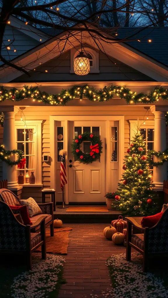 33 Fun and Creative House Party Ideas to Dazzle Your Guests 16 A beautifully decorated house entrance with festive lights, a wreath, and a Christmas tree, creating a warm and inviting atmosphere.
