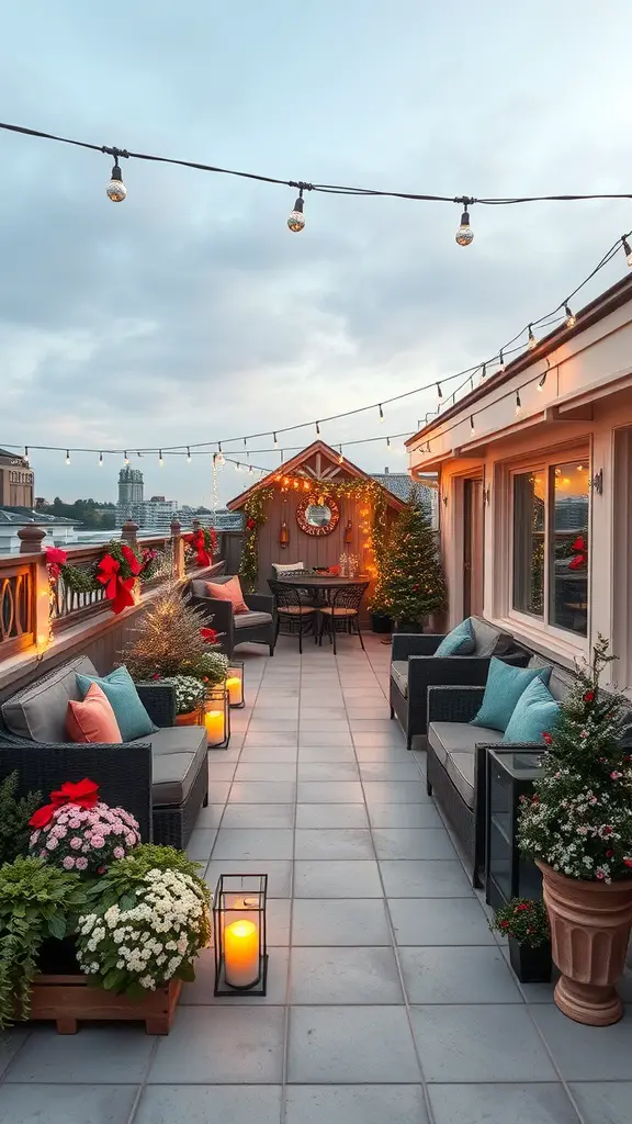 27 Stunning Rooftop Patio Designs for Your Outdoor Oasis 17 A cozy rooftop patio decorated for the season with string lights, plants, and comfortable seating.