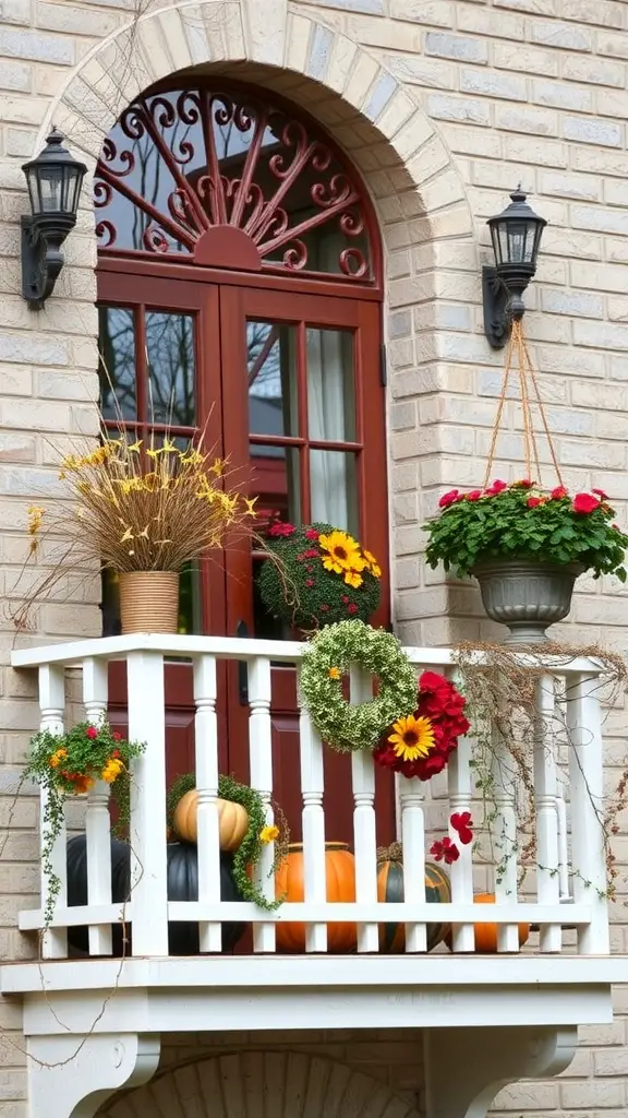 21 Creative Balcony Landscaping Ideas You’ll Love 15 A beautifully decorated balcony for fall with pumpkins, flowers, and a wreath.