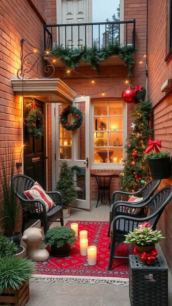 17 Creative Small Apartment Patio Ideas You’ll Love 19 A small apartment patio decorated for the holidays with wreaths, a Christmas tree, string lights, and cozy seating.