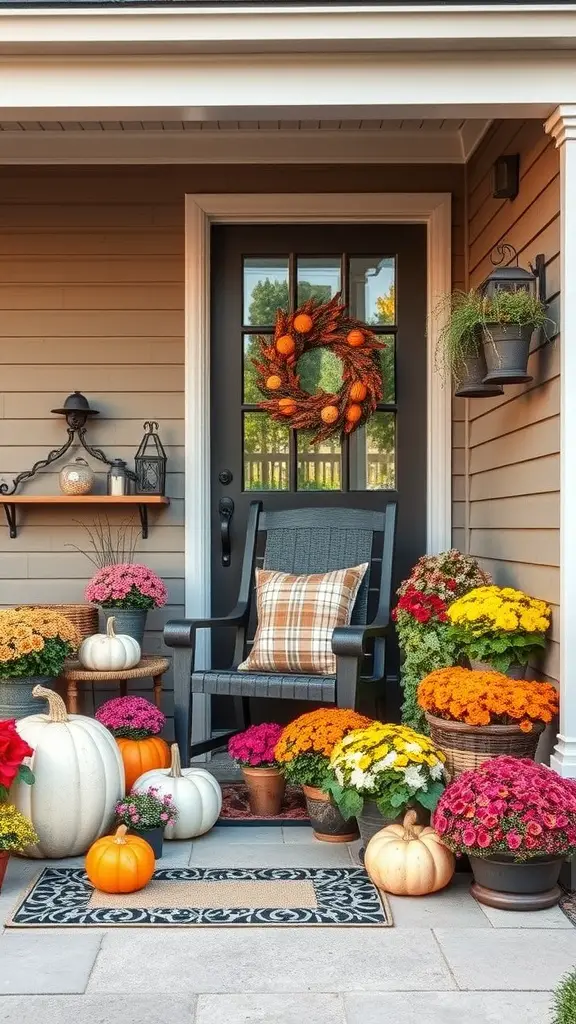 A cozy patio decorated with colorful flowers and pumpkins for fall.