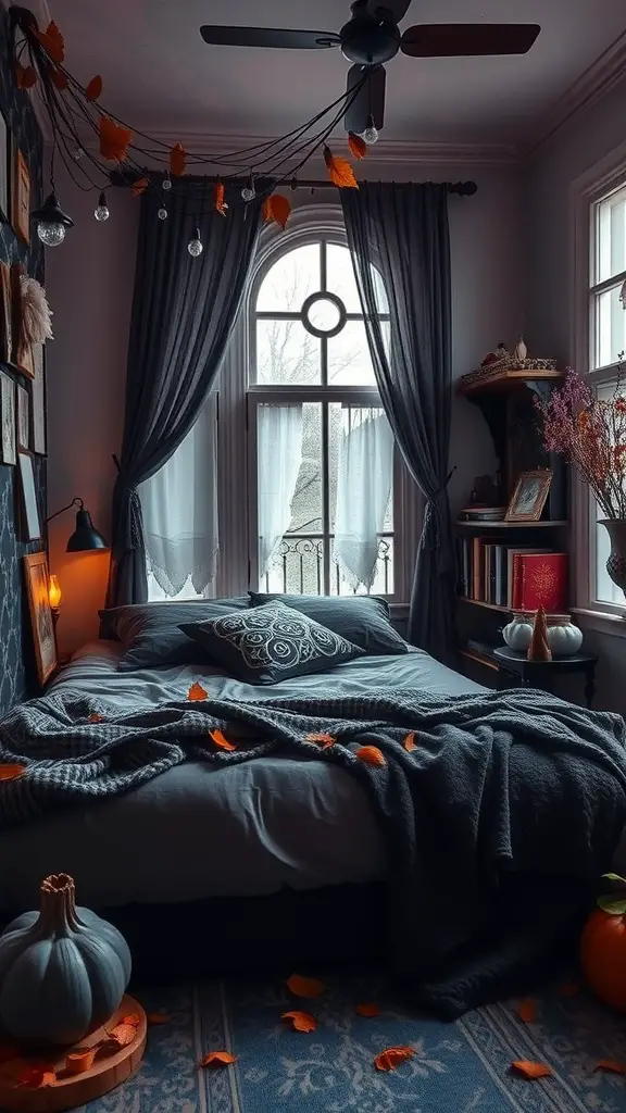 A cozy witchy bedroom decorated for autumn with pumpkins, fairy lights, and scattered leaves.