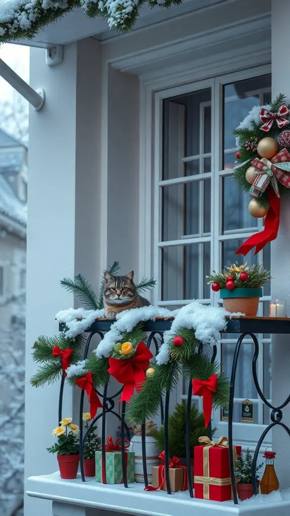 21 Creative Cat Balcony Ideas for a Purr-fect Outdoor Retreat 17 A cozy balcony decorated for winter with a cat lounging on the railing, surrounded by festive decorations and snow.