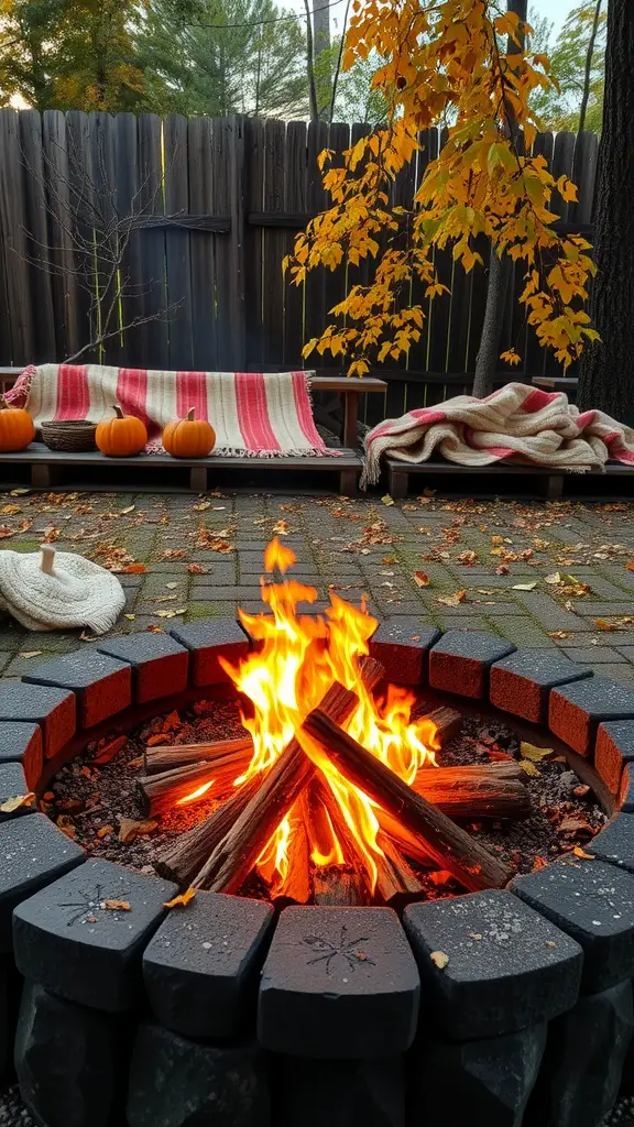 A sunken fire pit with flames, surrounded by pumpkins and cozy blankets in an autumn setting.
