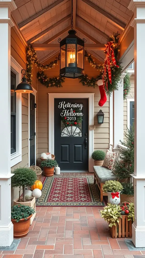 A beautifully decorated enclosed patio with seasonal decor including wreaths, pumpkins, and plants.