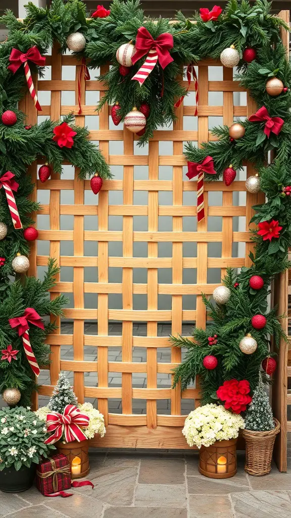 17 Creative Lattice Privacy Screen Ideas for Your Outdoor Space 17 A lattice privacy screen decorated with greenery, red bows, and ornaments for the holiday season.